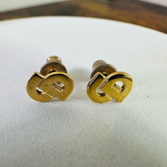 Christian Dior CD Logo Gold Tone Pierced Vintage Earrings - Picture 1 of 6